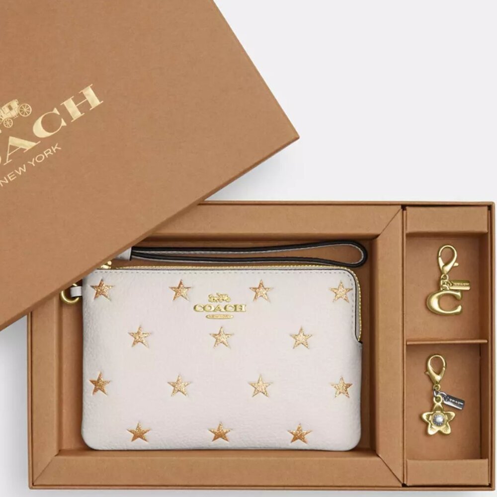Coach Boxed Corner Zip Wristlet With Star Print And Charms